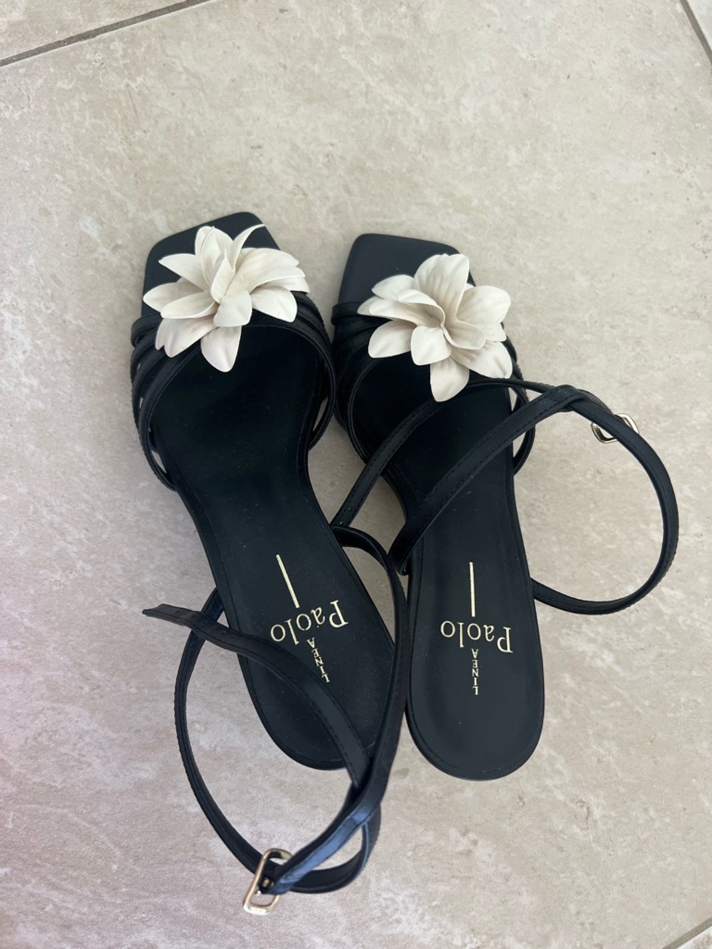 Paolo Black Strappy Sandal with Cream Floral Accent